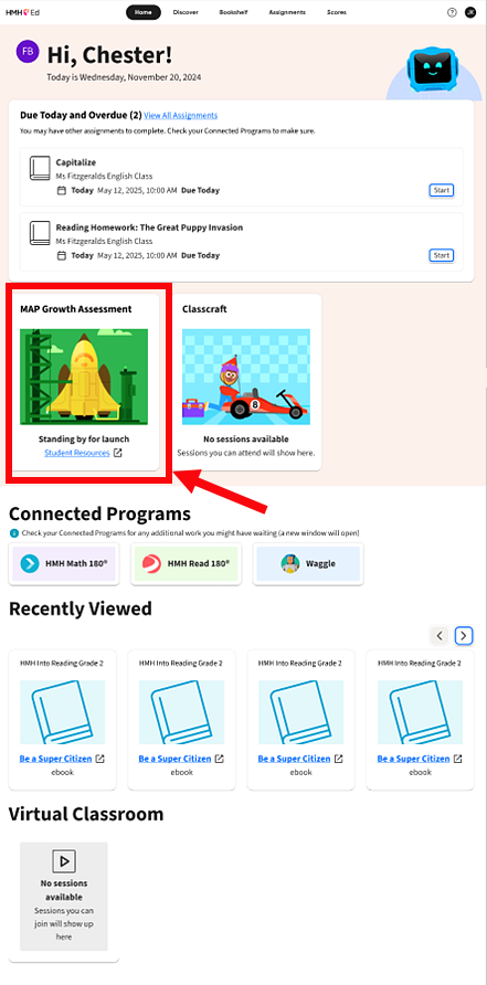 Home page showing a MAP Growth Assessment card that is not ready to begin testing