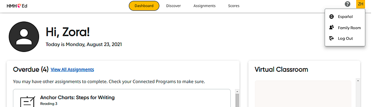 Student Home page with User Menu selected highlighting For Families