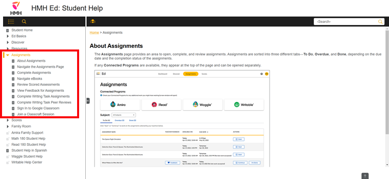 TOC panel highlighting an open category with topic titles showing