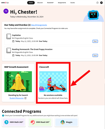 HMH Home page showing the Classcraft box