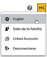User menu with links in Spanish