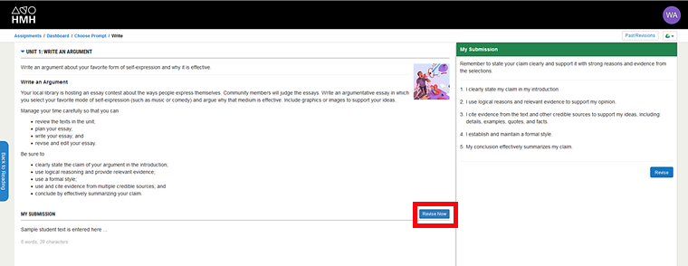 Write page with Revise Now button identified