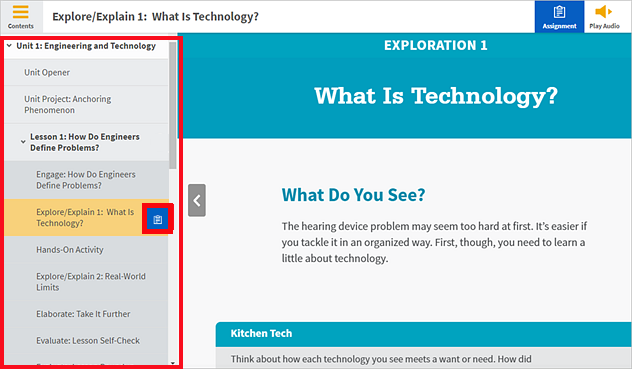 eBook showing the table of contents and the assignment icon for the assigned section