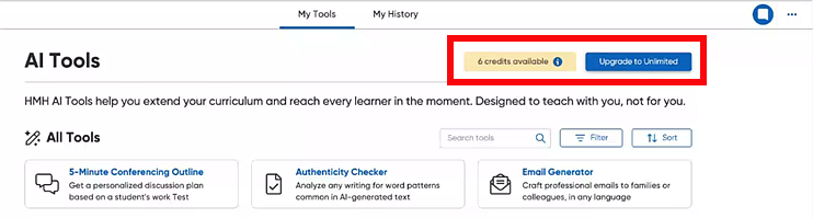 AI Tools page showing the Available Credits and Upgrade buttons