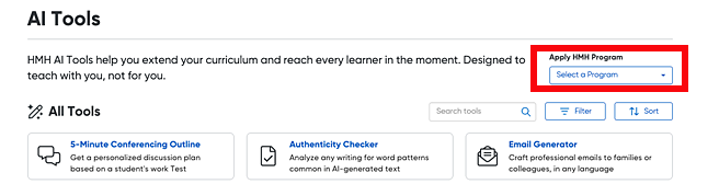 AI Tools page showing Apply HMH Program list