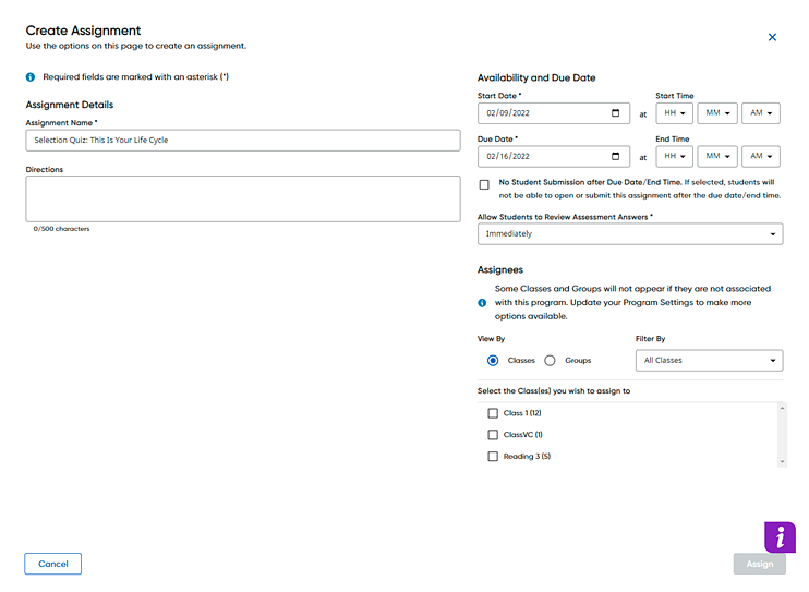 Create Assignment page