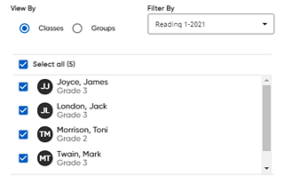Students tab showing class selected and students listed for class