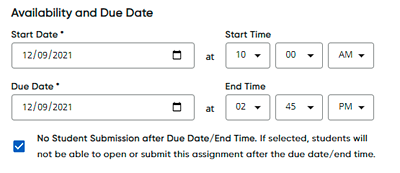 Availability and Due Date area of the Create Assignment page