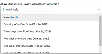 Allow Students to Review Assessment Answers list of options