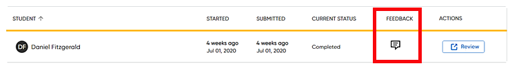 Assignment listing showing the feedback icon