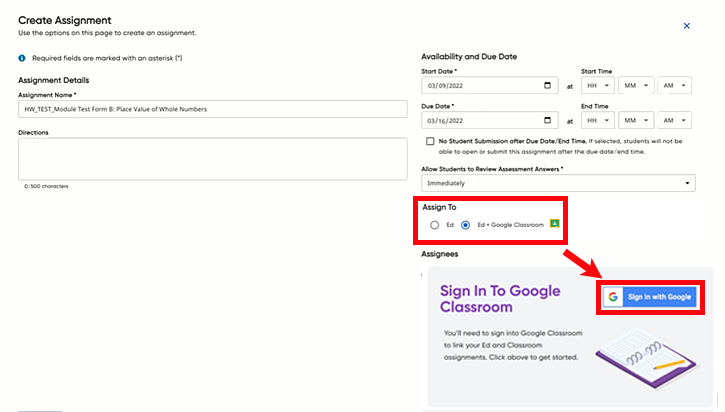Create Assignment page with Google Classroom sign in prompt
