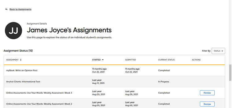 Assignment Details page for an individual student
