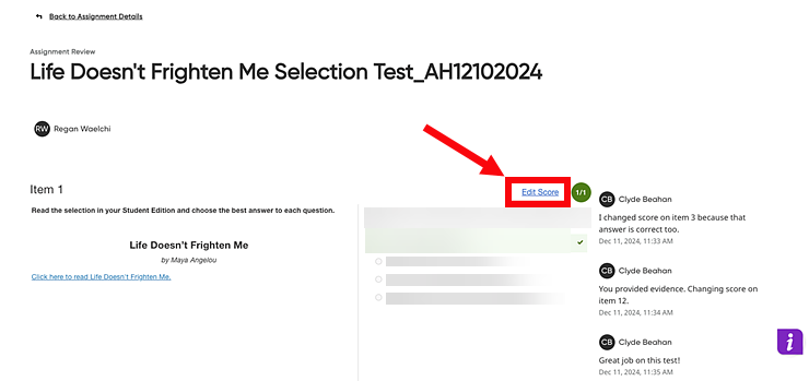 Edit the Score of an Assessment Item