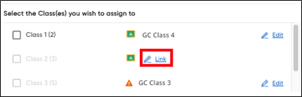 Link icon shown in list of linked classes