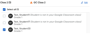 Class list with one student selected
