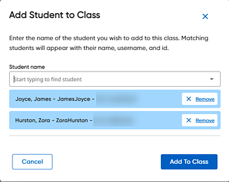 Add Student to Class dialog box with two students selected