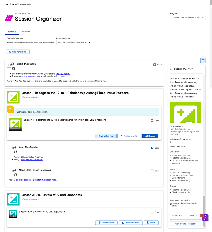 Session Organizer page showing the Sessions tab