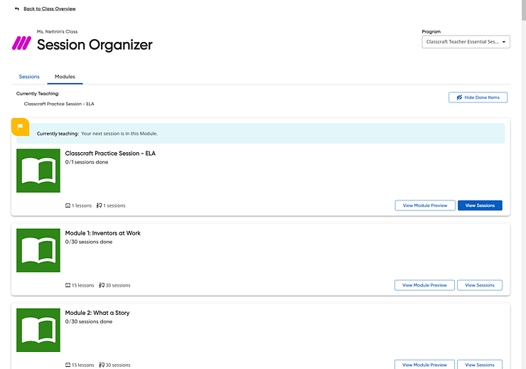 Session Organizer showing the Modules tab