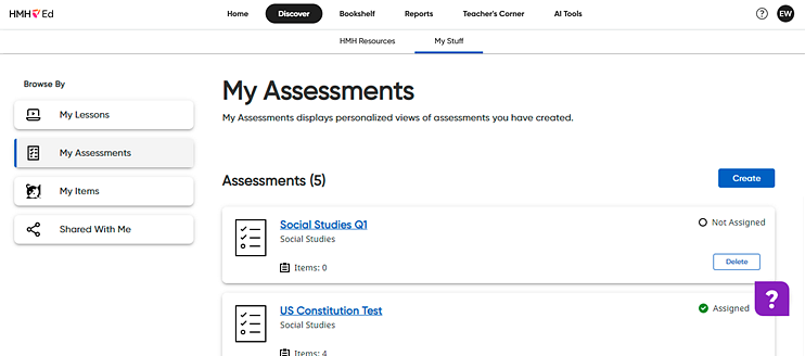 My Assessments page with saved assessments listed