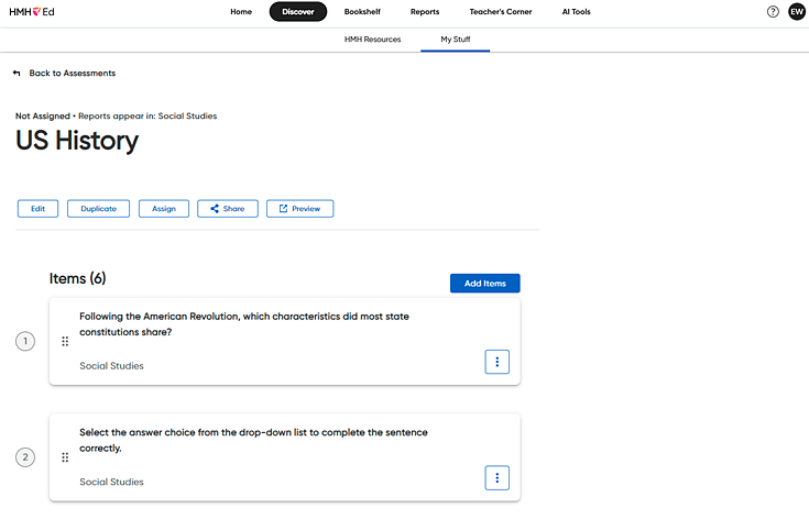 My Assessments page showing an unassigned custom assessment