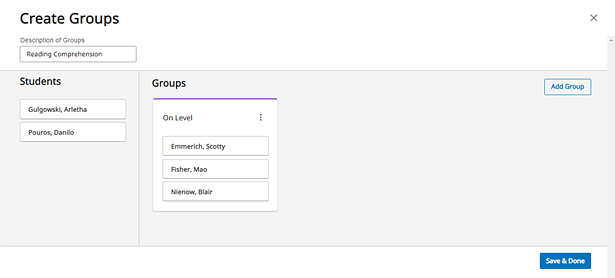 Create Groups page opened from On Level domain performance level for Reading Comprehension skill domain