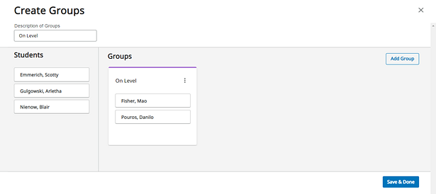Create Groups page opened from On Level performance level