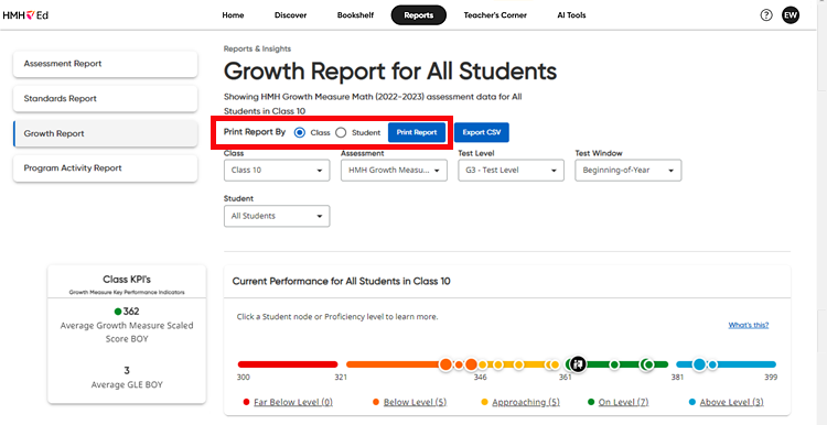 Growth Measure page with Print Report By section highlighted