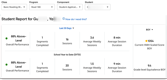 Read 180 Practice Activity Report for selected student