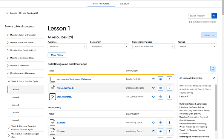 Resources page for a selected lesson