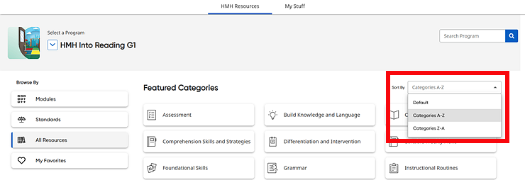 Sort By list on the All Resources page