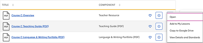 Resource card with the vertical ellipsis button clicked showing the menu