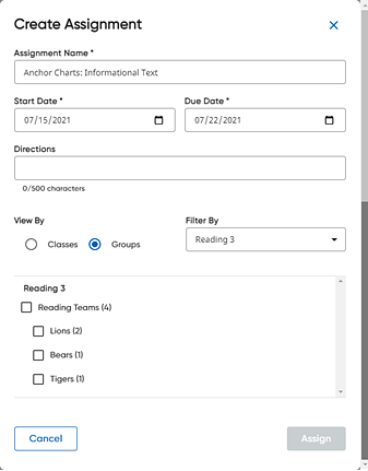 Create Assignment dialog box with Assign To groups identified
