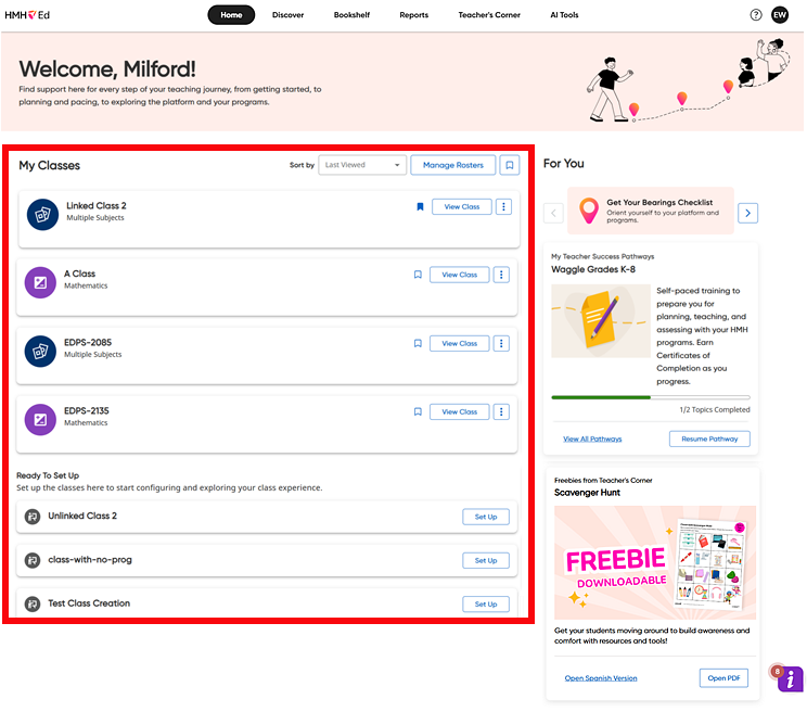 Home page showing a red rectangle around the My Classes section