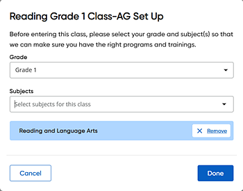 Class Set Up dialog box with Grade and Subject selections completed