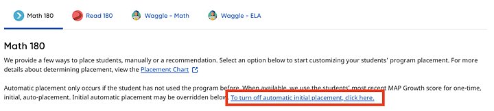 Math 180 tab showing the link to turn off auto placement