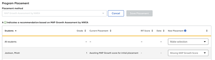 Program Placement showing student table with New Placement column list