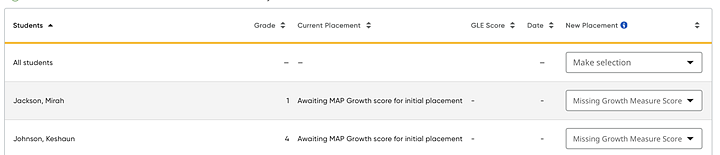Program Placement showing student table with New Placement column list