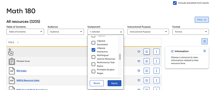 Math 180 Resources page with filters selected