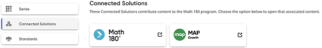 Connected Solutions page with Math 180 card highlighted in red