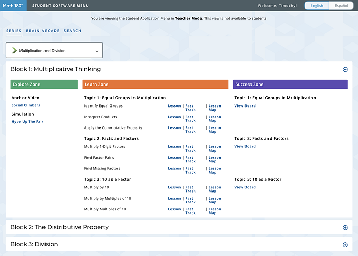 Math 180 Student Software Menu page