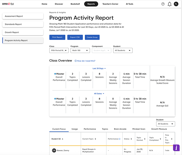 Math 180 Program Activity Report page