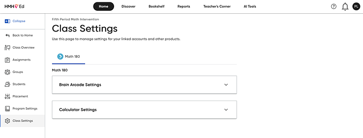 Math 180 Class Settings page with the Math 180 tab selected