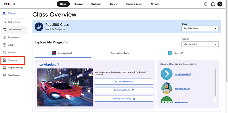 Class Settings page showing Placement options for Math 180