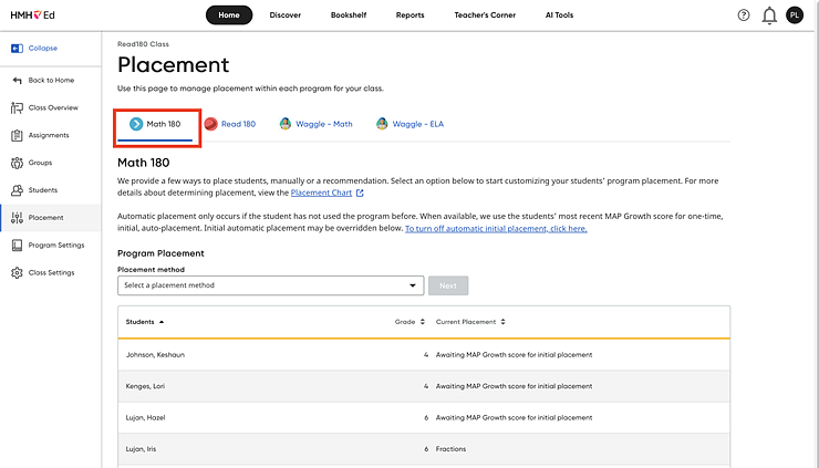 Math 180 Class Settings page showing placement options for MAP data
