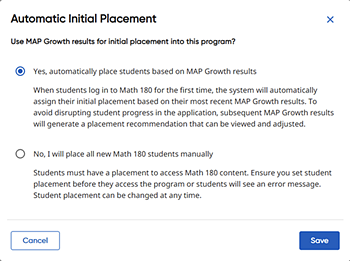 Math 180 Class Settings page showing placement options for HMH Growth Measures