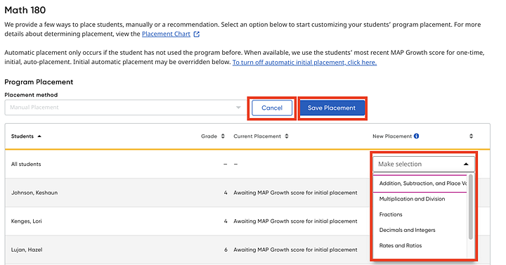 Math 180 Class Settings page showing placement options for classes