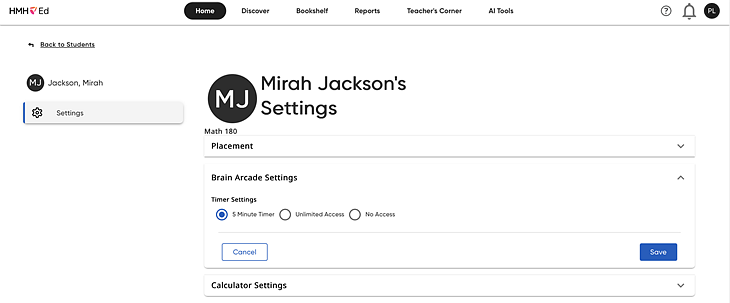 Math 180 Student Placement Brain Arcade Settings page