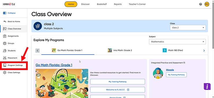 Class Overview Page with Program Settings Link selected
