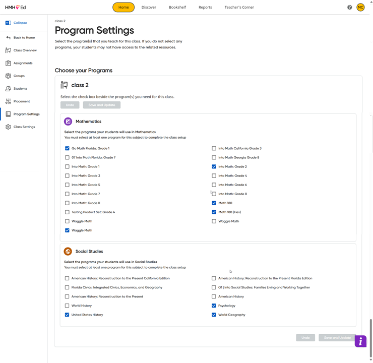 Program Settings page with no programs selected