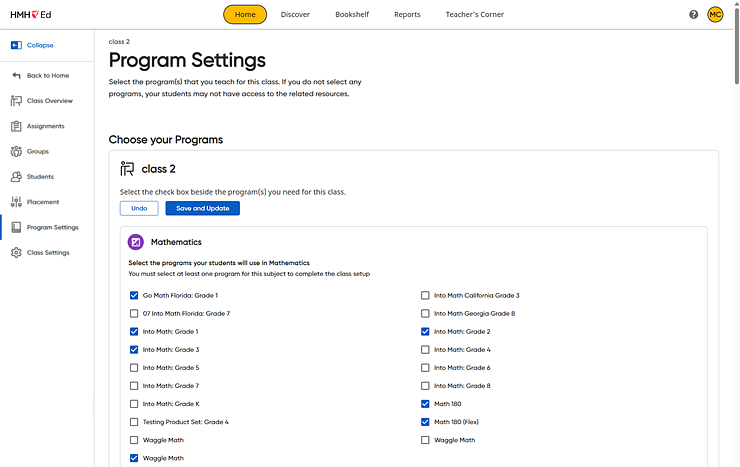 Program Settings page with some programs selected